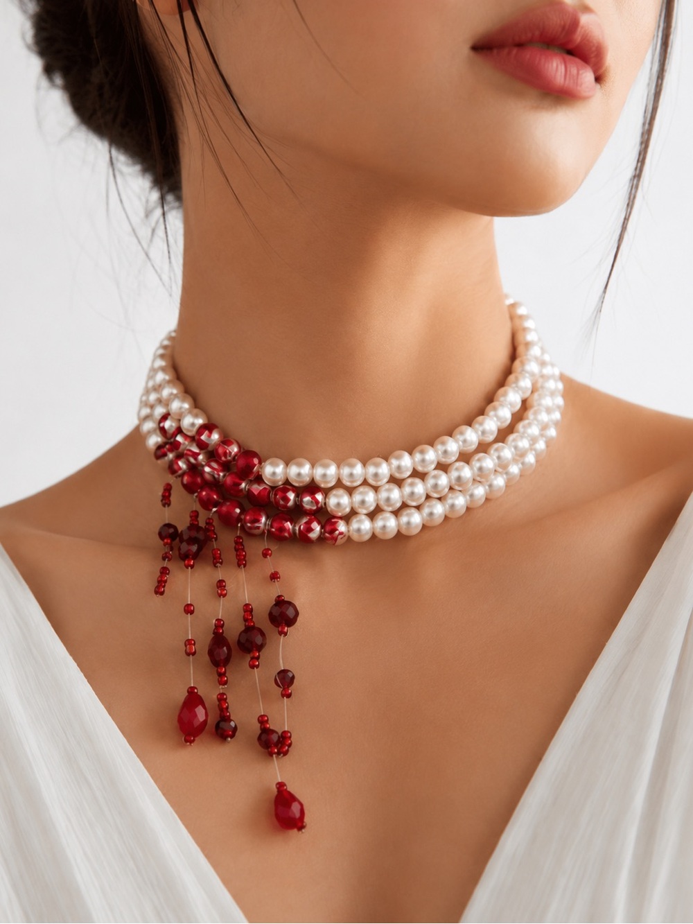 Pearl Red Beaded Statement Choker Necklace